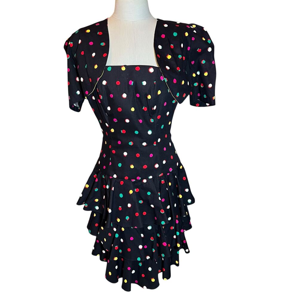 Patty O'neil retro vintage 80s polka dot ruffled party dress bolero jacket 4